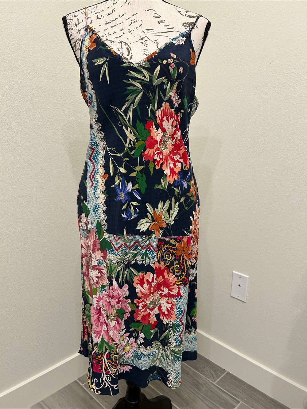Johnny Was 100% Silk Navy Floral Slip Midi Dress